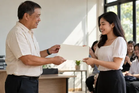 Illustrative photo of a trainer handing a blank certificate sheet to a graduate.