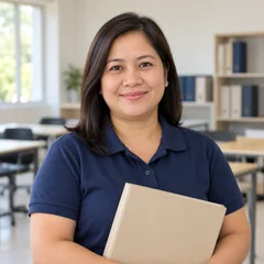 Illustrative portrait of a Filipino training-centre coordinator holding a binder in a bright training room.