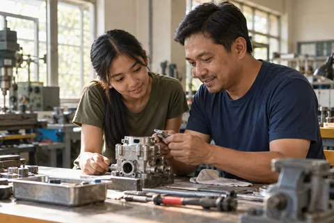 Illustrative photo of a student and technician learning together.